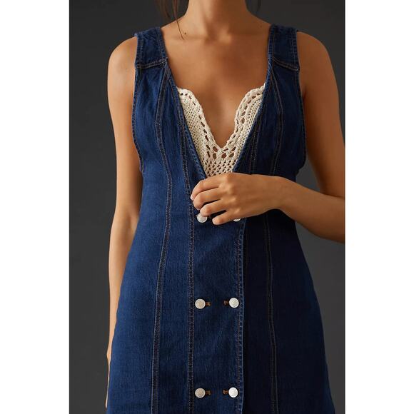 Nwt Anthropologie Pilcro Vest Mini Dress $180 SIZE 0 Dark Denim Button Front - Picture 2 of 9